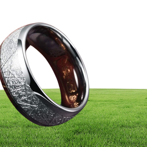 8mm Tungsten Mens Ring Inlay Meteorite Silver Polished Wedding Bands Men039s 316L Stainless Steel Ring Size 713