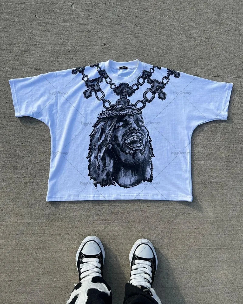 Y2k Harajuku Retro Oversized Short Sleeve Men Letter Cartoon Print T-Shirt High Street Trendy Versatile Clothing Women 240429
