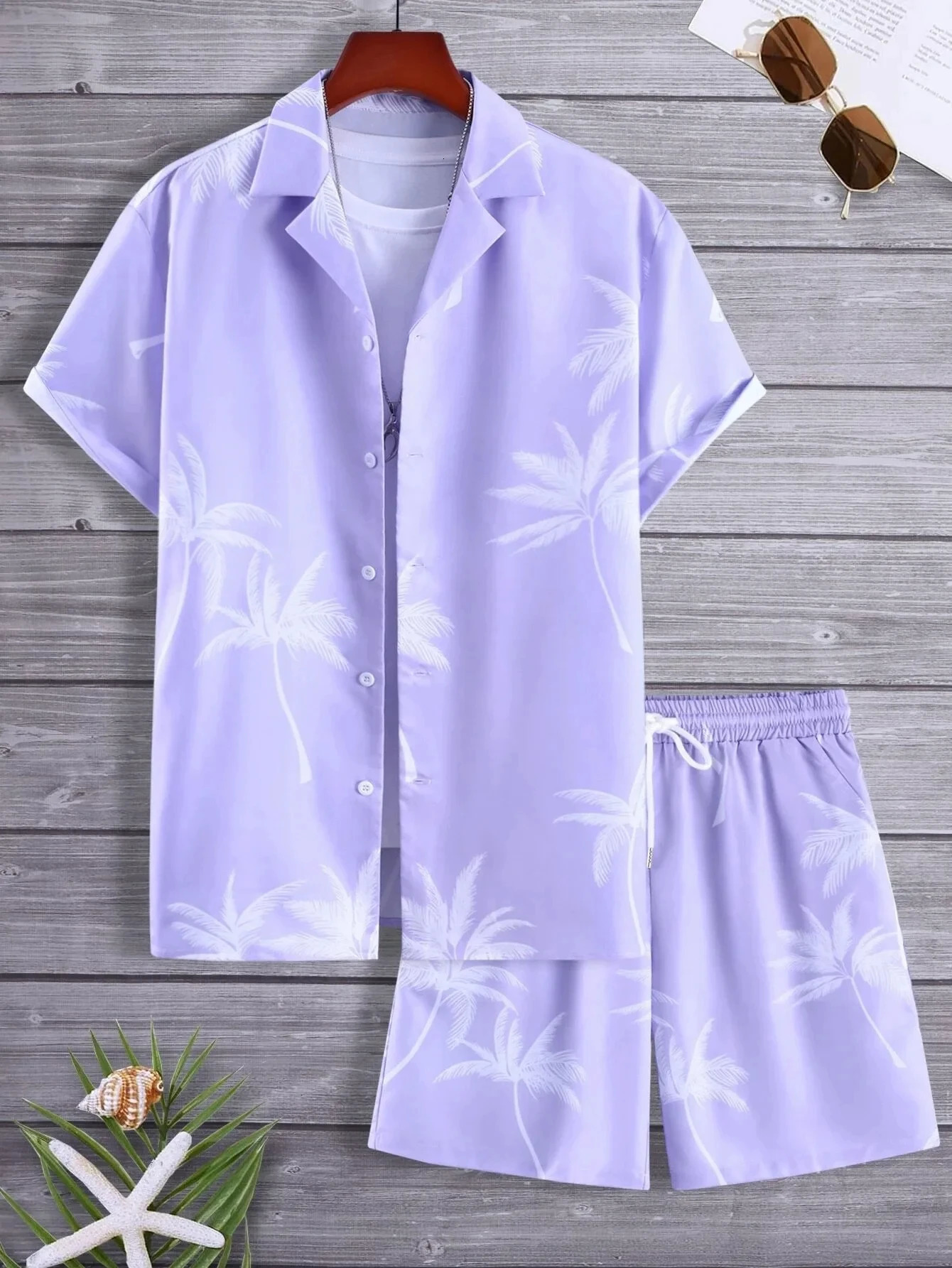 Mens Shirt Sets 3d Print Beach Coconut Tree Plaid Lapel Short Sleeve Casual Shorts Summer Streetwear Hawaiian Suits 240507