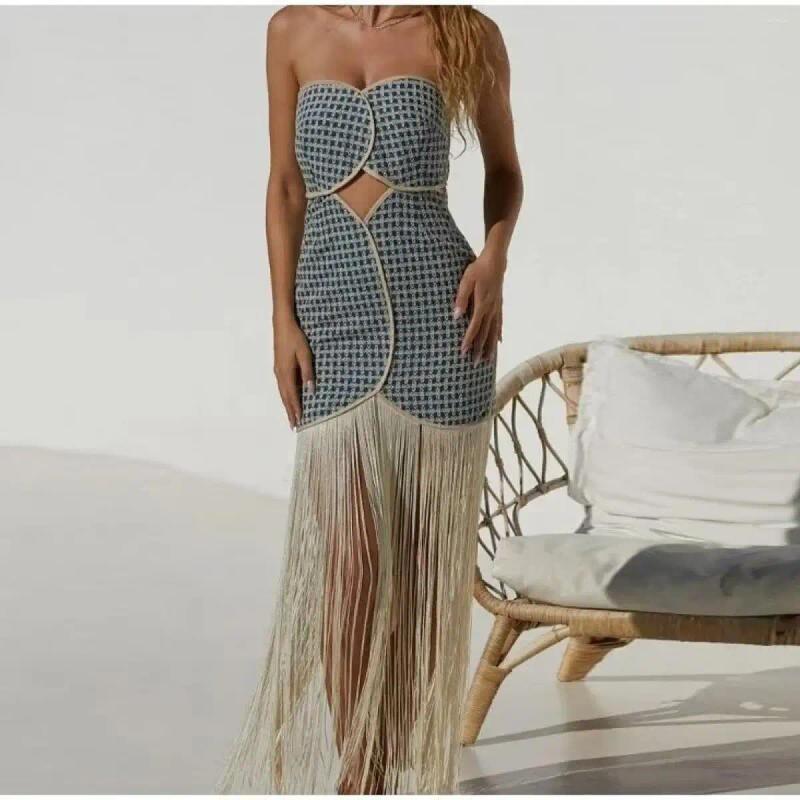 Casual Dresses 2024 Summer Tube Hollow Out Stream Suo Dress Strapless Cutout Fringe Lady Sleeveless Slash Neck For Dinner Party