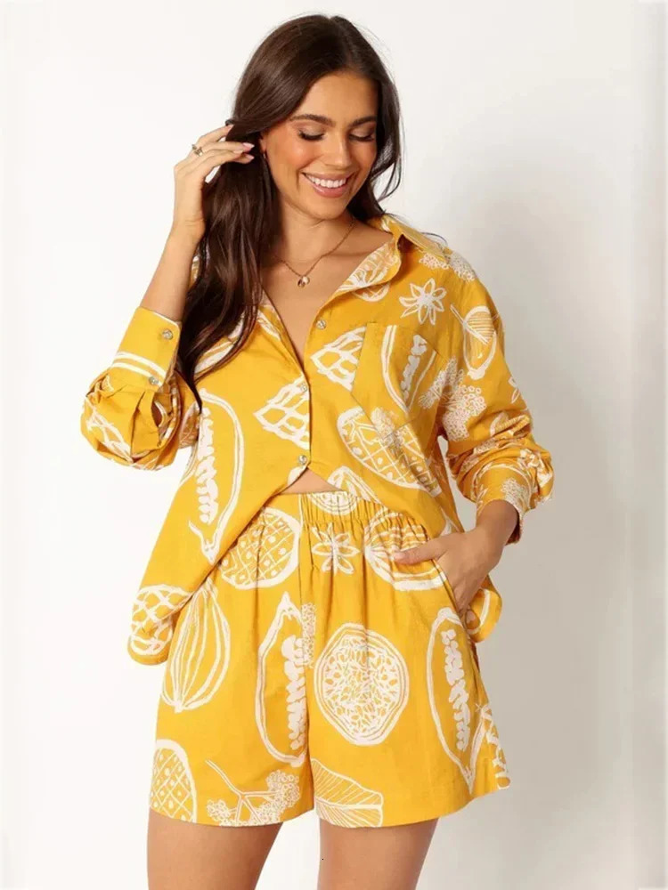 Foridol Fruit Printed Pockets Casual Shirtshorts Set Outfits Matching 2024 Summer Women Spring Beach Oversize White 240507