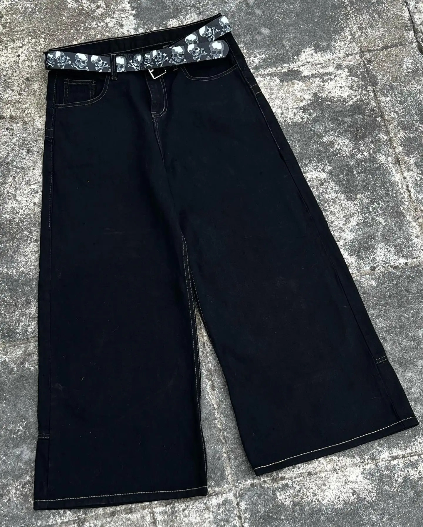 Jeans Men Hip Hop Punk Skull Print Baggy Y2k Low Rise Wide Leg Denim Trousers Harajuku Black Casual Pants Loose Goth Streetwear 240429