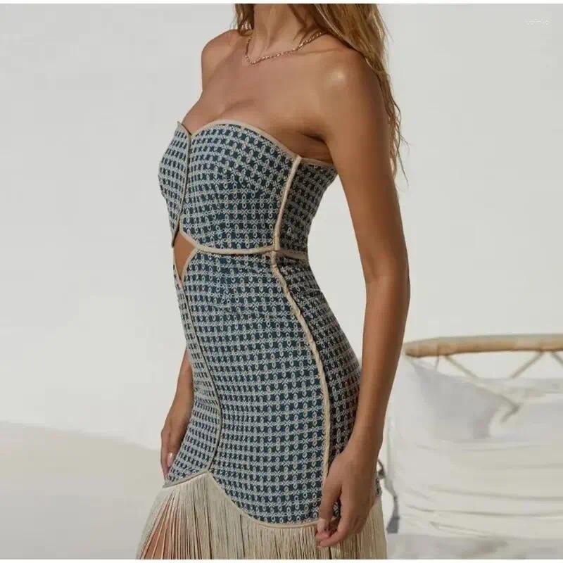 Casual Dresses 2024 Summer Tube Hollow Out Stream Suo Dress Strapless Cutout Fringe Lady Sleeveless Slash Neck For Dinner Party