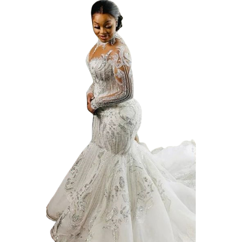 African Luxurious Sequins Mermaid Wedding Dresses 2024 Long Sleeves High Neck Bridal Gowns Court Train Appliques Vestido De Novia