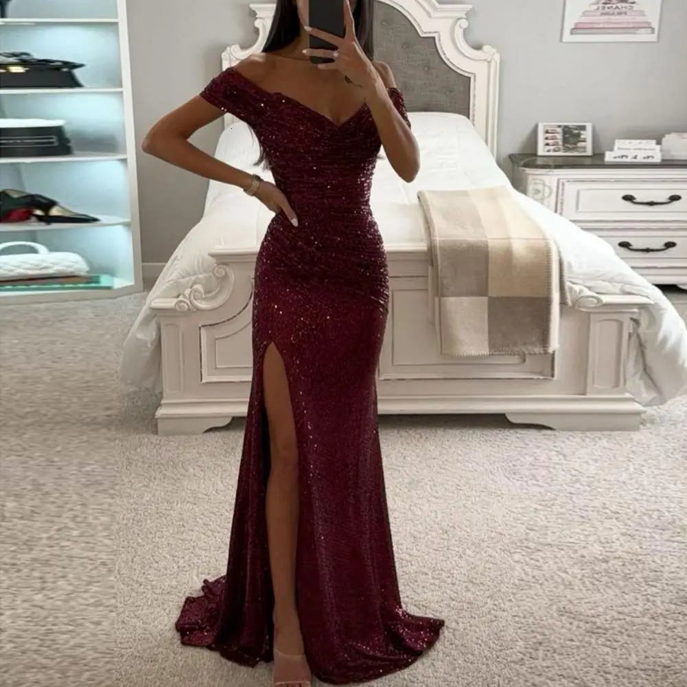 Solid Color Long Sleeve Dress Elegant Sequin V-neck Maxi Dress Off Shoulder Evening Party Prom Dress Slim Sexy Split for Women 240511
