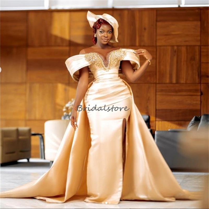 Gold Black Girl Mermaid Prom Dresses With Overskirt Train Sheer Neck Off Shoulders Plus Size Aso Ebi Evening Dress 2024 Nigeria Beaded Elegant Formal 