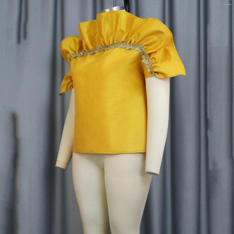 Womens T Shirts Sexy Yellow Blouse Off The Shoulder Ruffles Short Sleeve Straight High Quality Luxury Birthday Party Dinner Tops Cloth