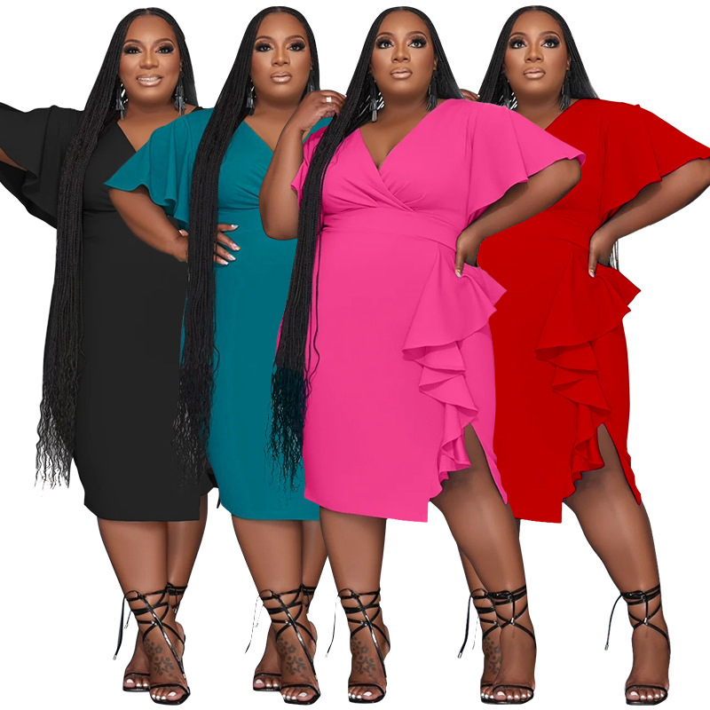 Women Plus Size Dresses Sexy V Neck Bodycon Party Dress Short Sleeve Wrap Empire Mermaid Midi Club Dresses
