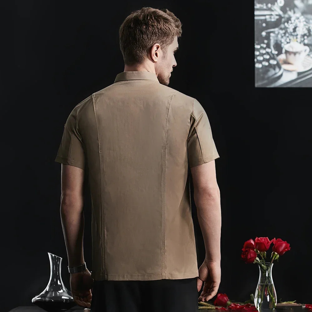 Unisex Catering Coat Chef Uniform Breathable Kitchen Cooking Jacket Restaurant el Cafe Barber Shop Waiter Work Shirt Apron 240430