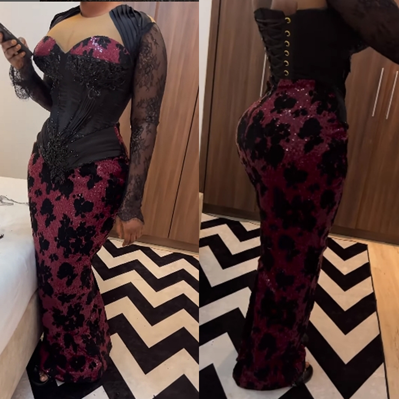 2024 Glitter Sequins Sheath Long Prom Dresses Black Lace Appliques Beaded Corset Formal Evening Gowns Long Sleeves Black Girls Pageant Dress Special O
