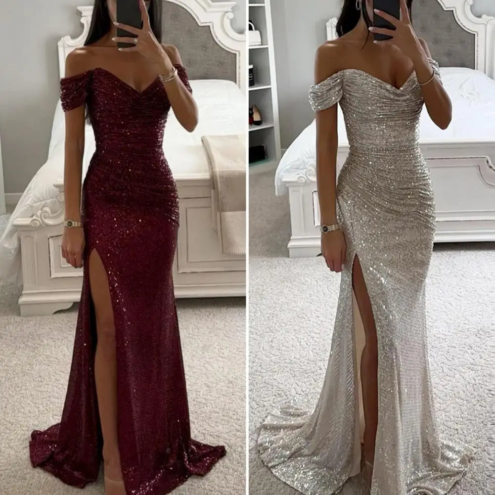 Solid Color Long Sleeve Dress Elegant Sequin V-neck Maxi Dress Off Shoulder Evening Party Prom Dress Slim Sexy Split for Women 240511