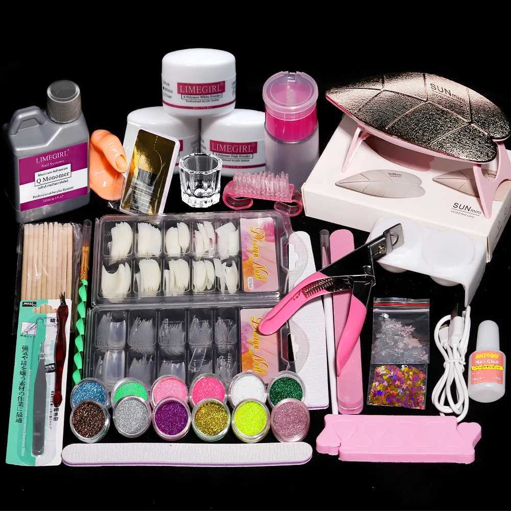 Nail Art Kits Acrylic Powder and Liquid Monomer Nail Set Nail Art Decoration Manicure Set Kit Crystal Nail Tips Carving Tools Kit T240510