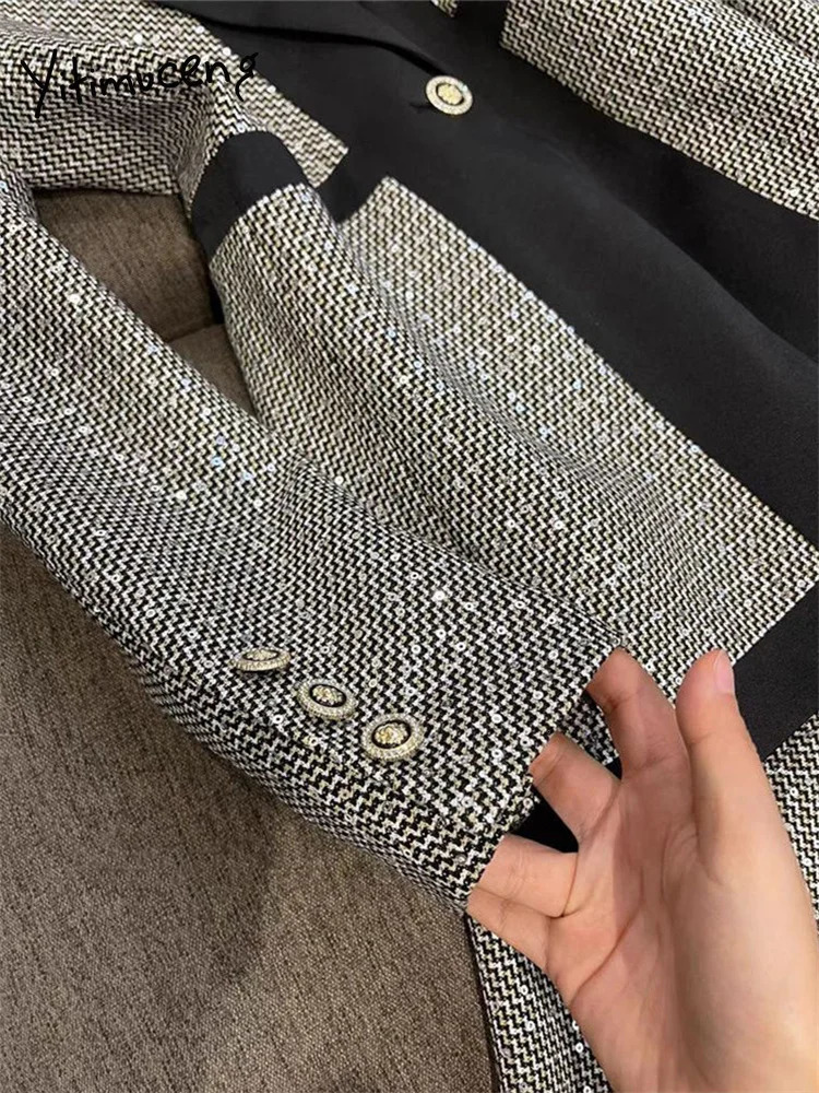 Yitimuceng Sequins Women Suits Office Sets Fashion Slim Single Button Turn Down Collar Blazers Vintage Flare Pants 240423