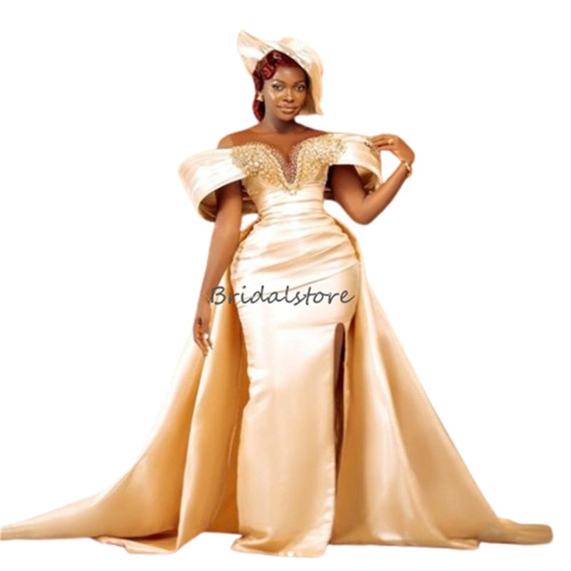 Gold Black Girl Mermaid Prom Dresses With Overskirt Train Sheer Neck Off Shoulders Plus Size Aso Ebi Evening Dress 2024 Nigeria Beaded Elegant Formal 