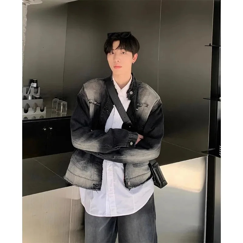 Autumn Denim Set Men Denim Jacket Wide Leg Straight Jeans Casual Loose Solid Color Korean Style Street Stand Collar 2pcs Suit 240429