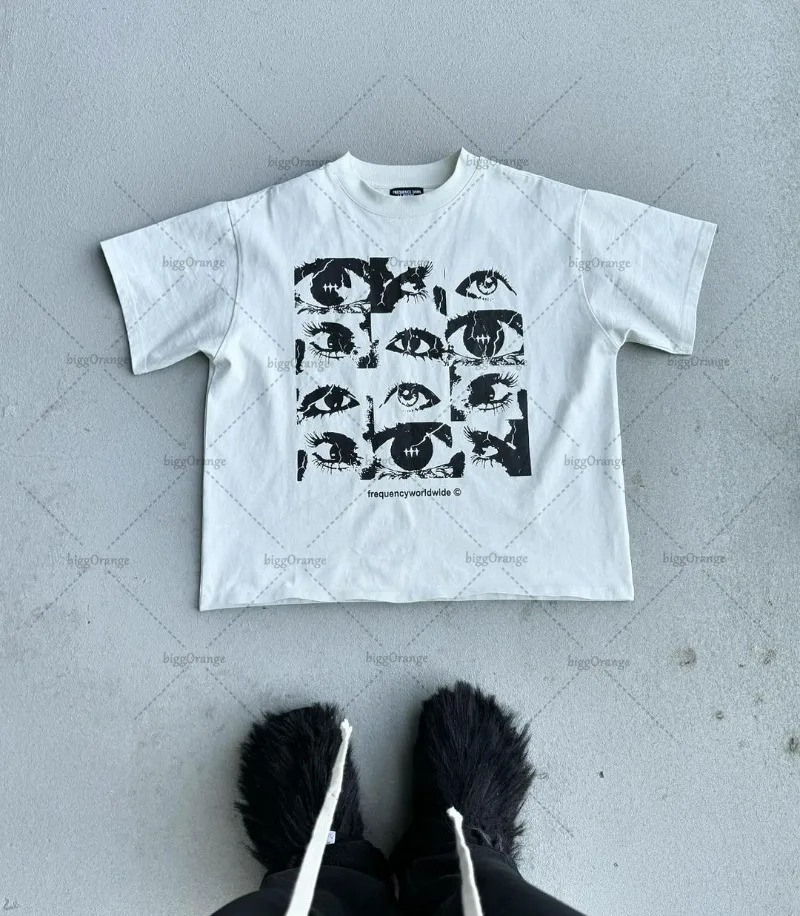 Y2k Harajuku Retro Oversized Short Sleeve Men Letter Cartoon Print T-Shirt High Street Trendy Versatile Clothing Women 240429