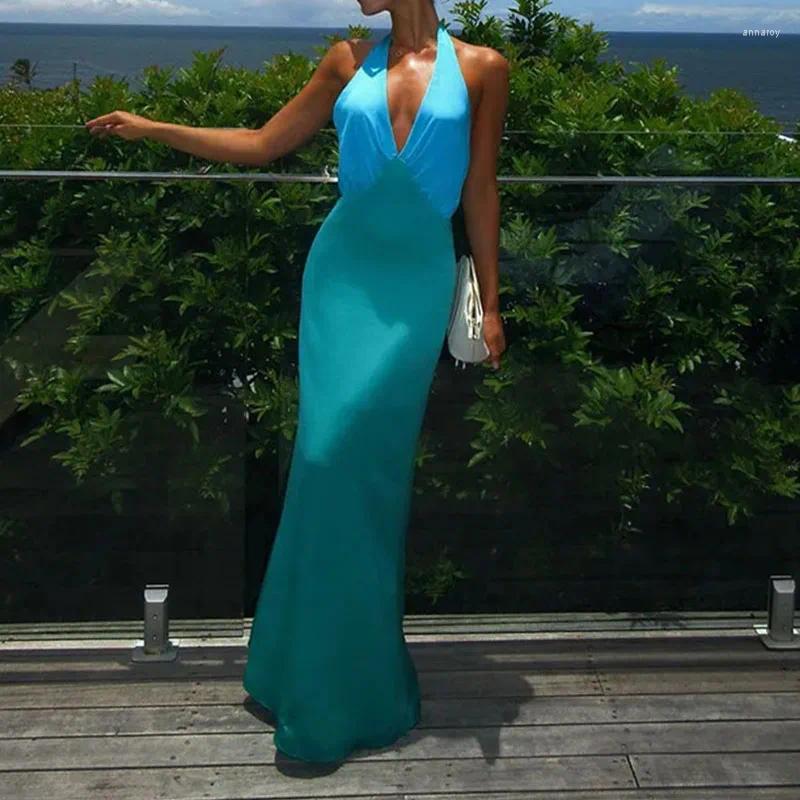 Casual Dresses 2024 Summer Lady Halter Hollow High Waist Dress Sexy Off Shoulder Long Fashion Color Blocking Slim Womens Evening
