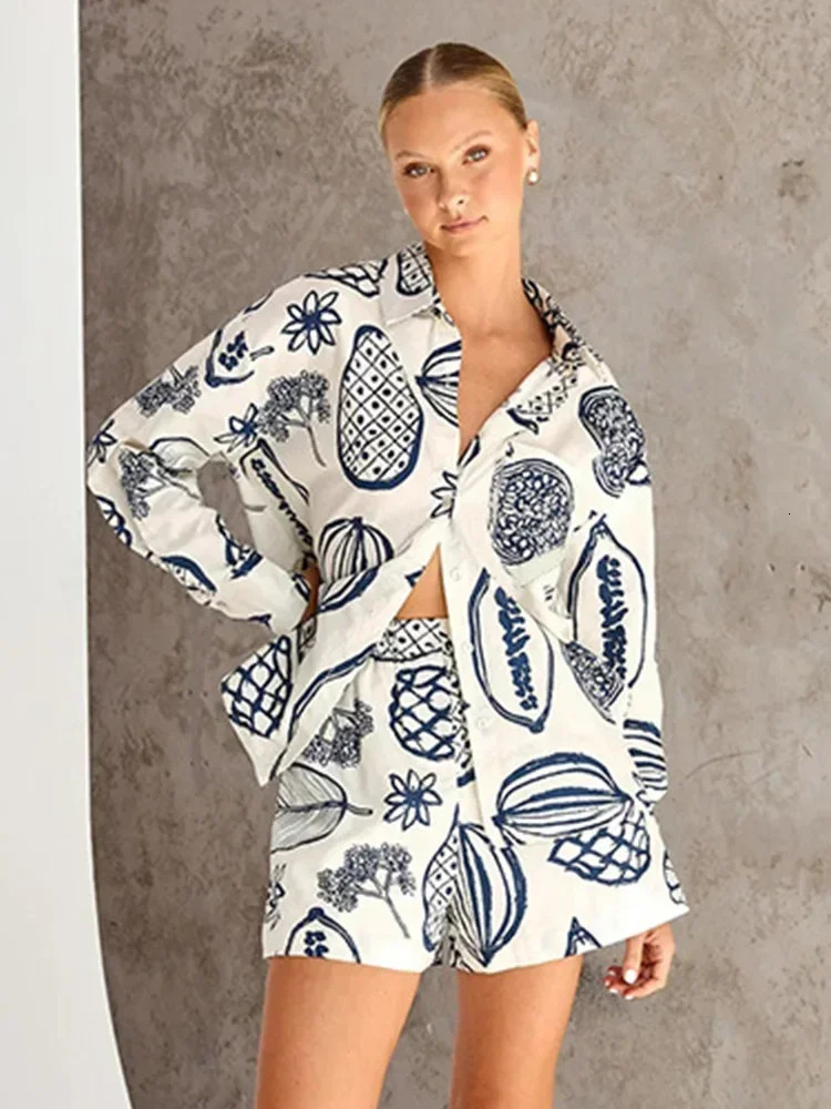 Foridol Fruit Printed Pockets Casual Shirtshorts Set Outfits Matching 2024 Summer Women Spring Beach Oversize White 240507