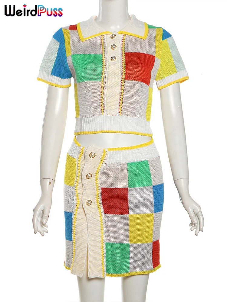 Weird Puss Knit Women 2 Piece Set Colorful Diamond Button Shorts Sleeve Polo Neck Crop TopsIrregular Skirts Matching Streetwear 240423