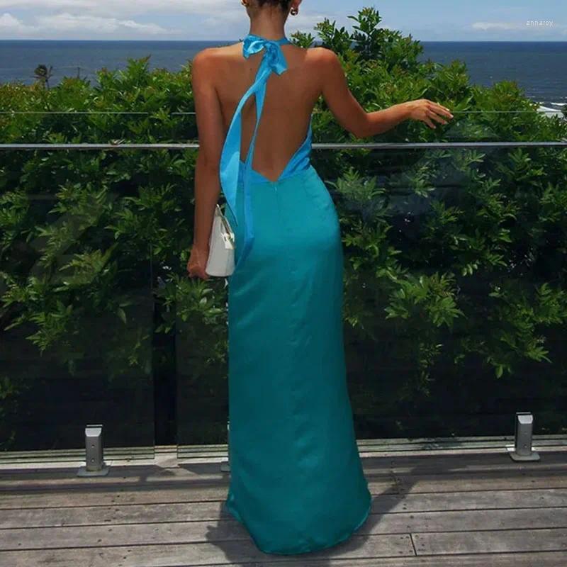 Casual Dresses 2024 Summer Lady Halter Hollow High Waist Dress Sexy Off Shoulder Long Fashion Color Blocking Slim Womens Evening