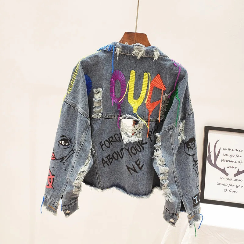 Spring Autumn Women Street Fashion Graffiti Denim Jacket Female Personality Short Raw Cut Rivet Fringe Jean Coat 240423
