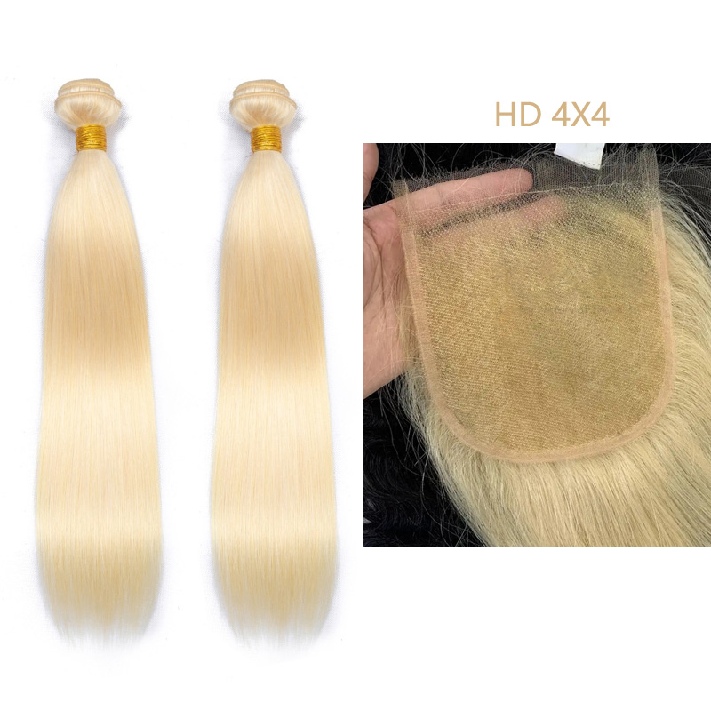 Malaysian 100% Human Hair Straight Body Wave 2 Bundles With HD 4*4 Lace Closure 613# Blonde Color 10-30inch Free Part