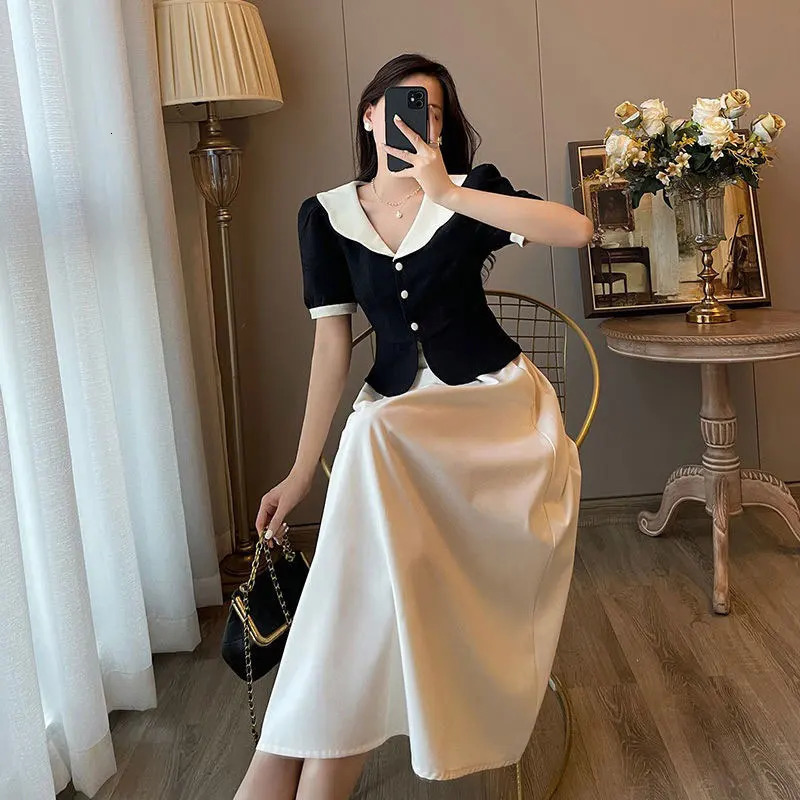 Summer Elegant Women Skirt Sets Retro Office Lady Outifits Puff Sleeve Black Top A Line Skirts Korean Fashion Sweet Hepburn Suit 240423
