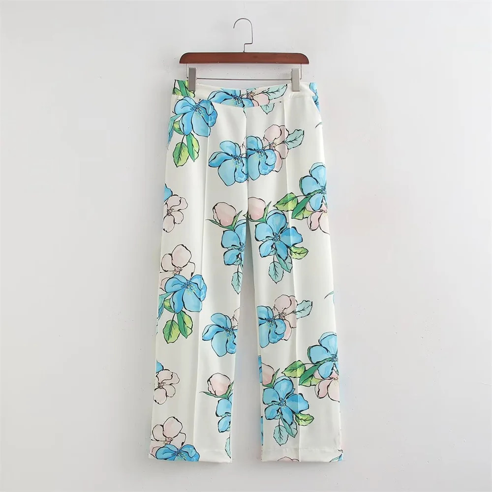 Taop Za Spring Product Womens Fashion Casual Loose Print Suit Coat Wide Leg Pants Set 240423