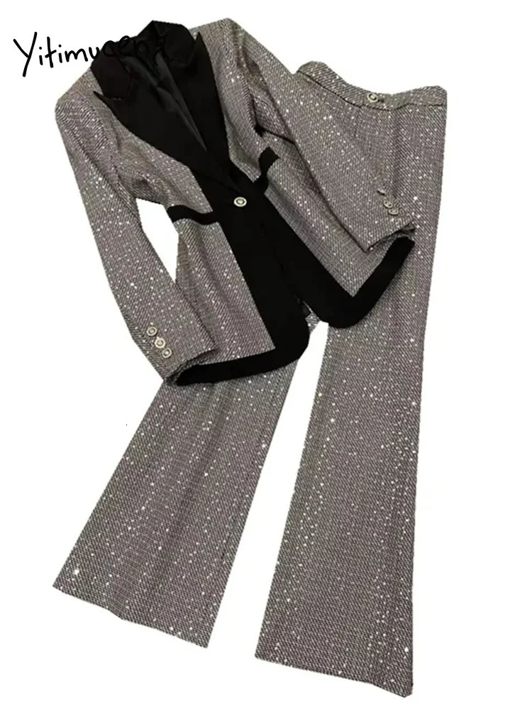 Yitimuceng Sequins Women Suits Office Sets Fashion Slim Single Button Turn Down Collar Blazers Vintage Flare Pants 240423