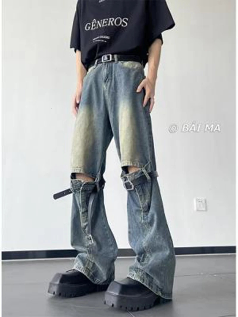 Mens Jeans Vintage Knee Destroyed Ripped Jeans streetwear Slim fit Pants beggar Hole Hip Hop denim trousers Men y2k jeans 240429