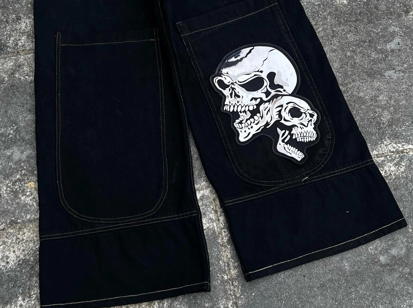 Jeans Men Hip Hop Punk Skull Print Baggy Y2k Low Rise Wide Leg Denim Trousers Harajuku Black Casual Pants Loose Goth Streetwear 240429