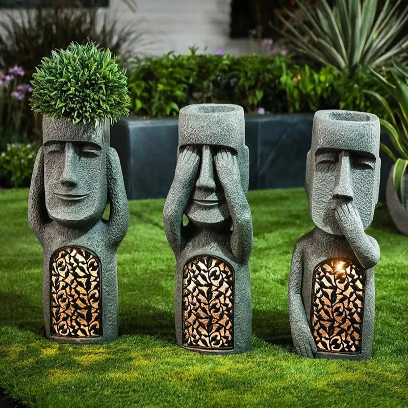 Easter Island Garden Statues Resin See Hear Speak No Evil Garden Ornaments Solar Home Sculpture Outdoor Decoration Sculptures 240511