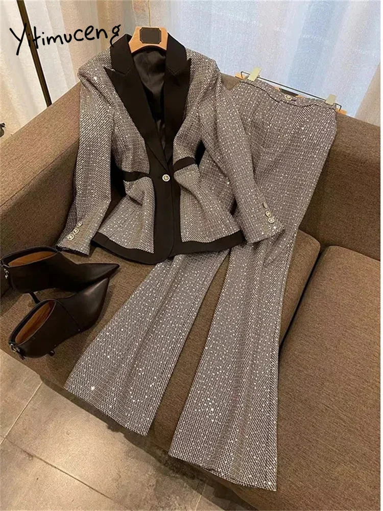 Yitimuceng Sequins Women Suits Office Sets Fashion Slim Single Button Turn Down Collar Blazers Vintage Flare Pants 240423