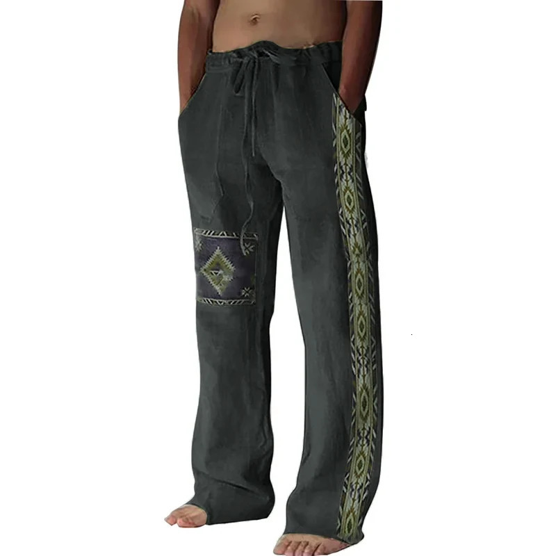 Men Casual Tieup Trouser Classic Pattern Print Man Cotton Linen Pants Spring Summer Fashion Loose Drawstring Straight Long Pant 240430