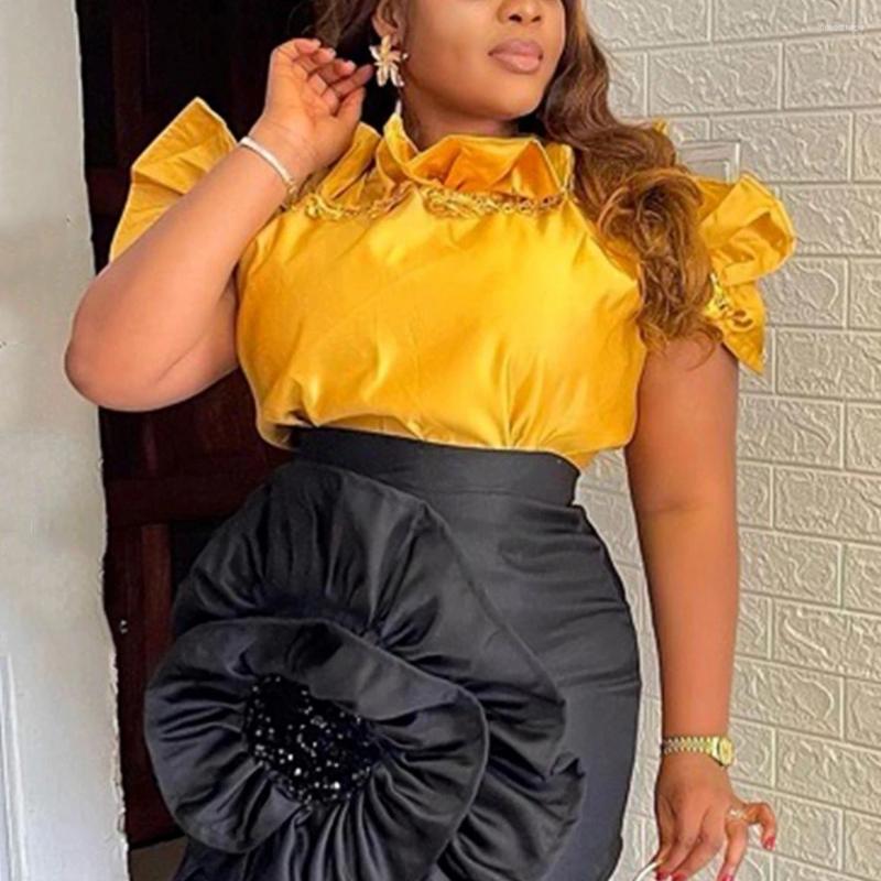 Womens T Shirts Sexy Yellow Blouse Off The Shoulder Ruffles Short Sleeve Straight High Quality Luxury Birthday Party Dinner Tops Cloth