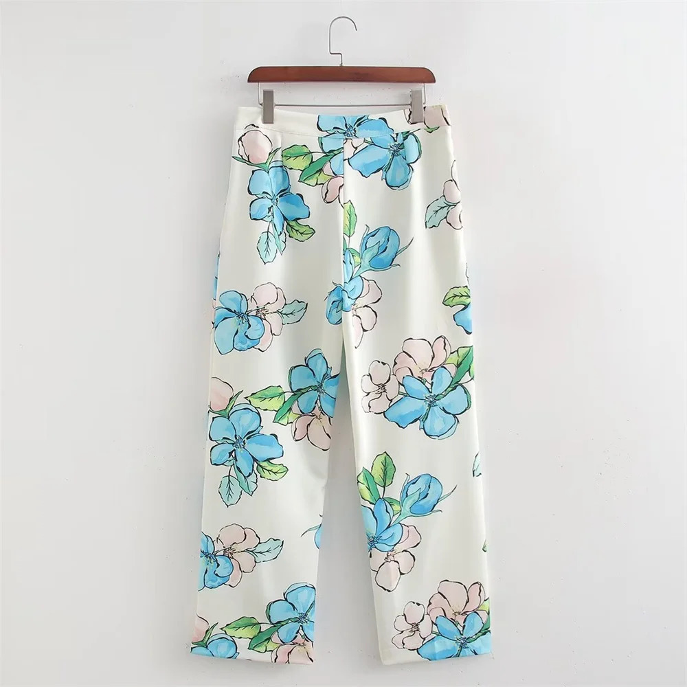 Taop Za Spring Product Womens Fashion Casual Loose Print Suit Coat Wide Leg Pants Set 240423