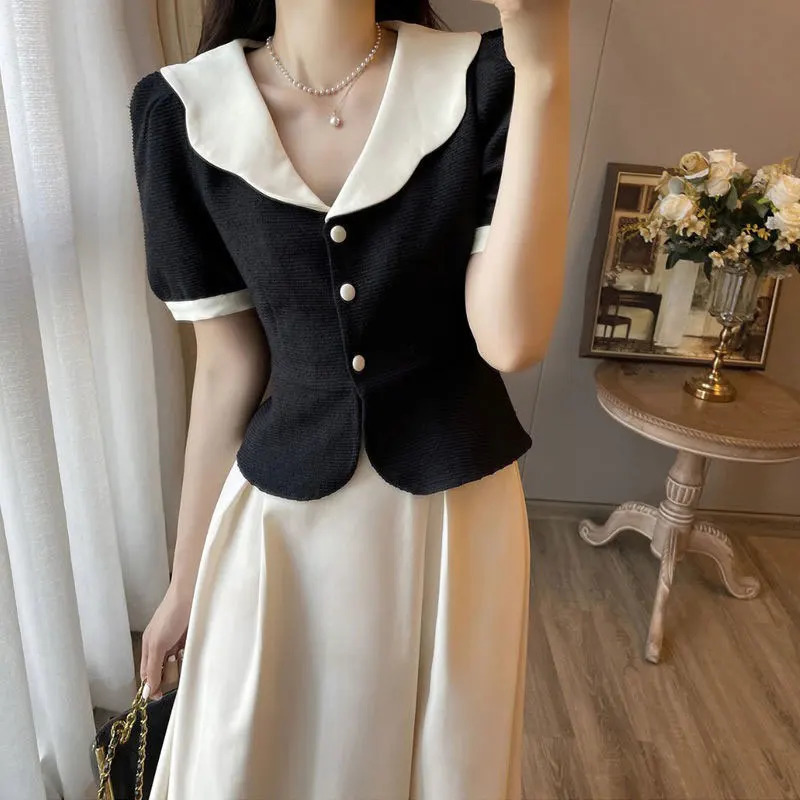 Summer Elegant Women Skirt Sets Retro Office Lady Outifits Puff Sleeve Black Top A Line Skirts Korean Fashion Sweet Hepburn Suit 240423