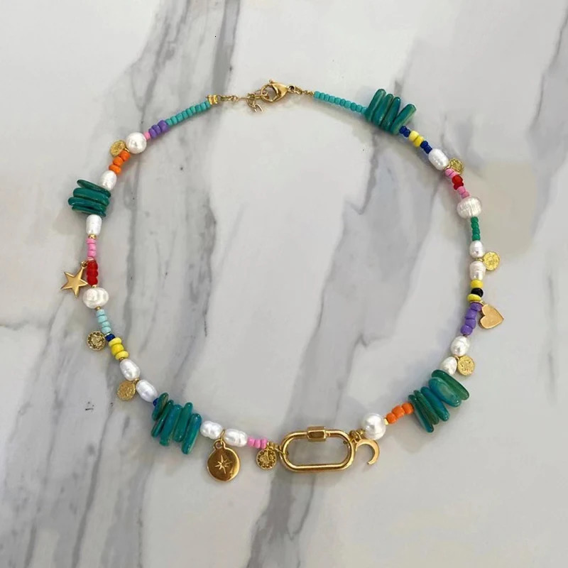 Summer Bohemian Colorful Seed Beads Short Necklace Women Girl Natural Pearl Collar Multiple Pendant Decorative Jewelry Gift 240428