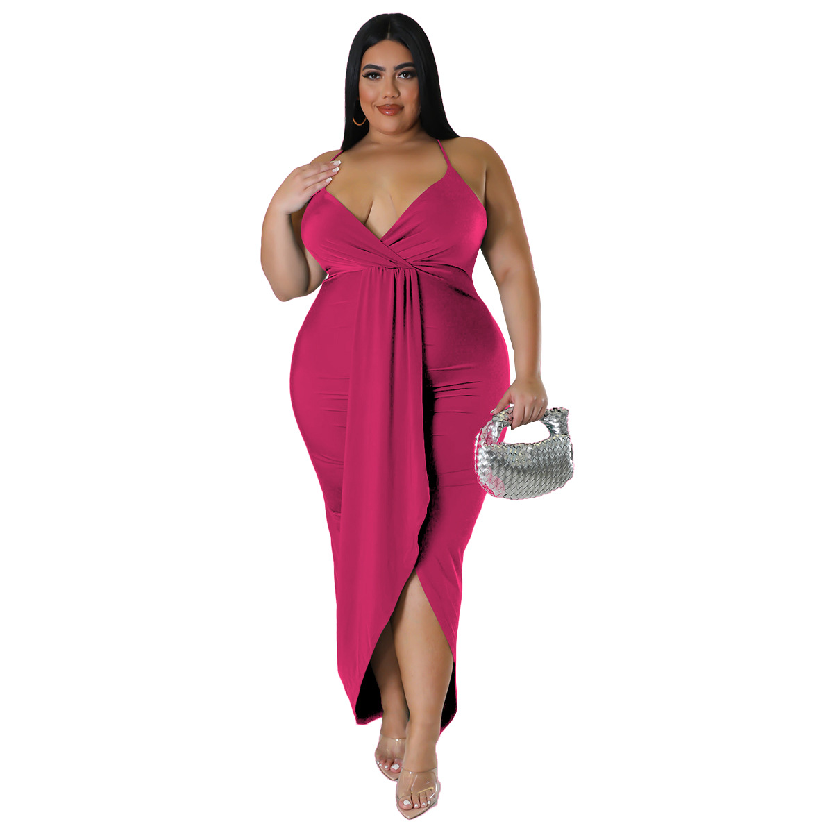Women Plus Size Dresses Stretch Adjustable Shoulder Strap Sleeveless Sexy V Neck Ruched Midi Dress Wrap Party Cocktail Dress