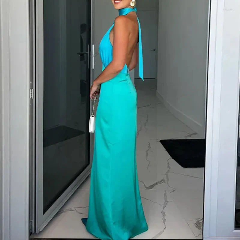 Casual Dresses 2024 Summer Lady Halter Hollow High Waist Dress Sexy Off Shoulder Long Fashion Color Blocking Slim Womens Evening