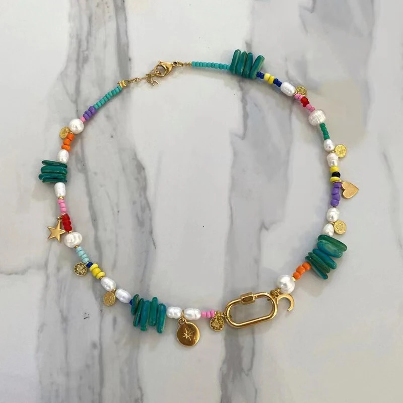 Summer Bohemian Colorful Seed Beads Short Necklace Women Girl Natural Pearl Collar Multiple Pendant Decorative Jewelry Gift 240428