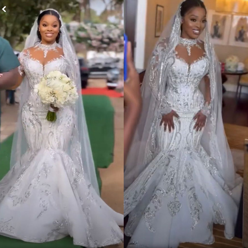 African Luxurious Sequins Mermaid Wedding Dresses 2024 Long Sleeves High Neck Bridal Gowns Court Train Appliques Vestido De Novia