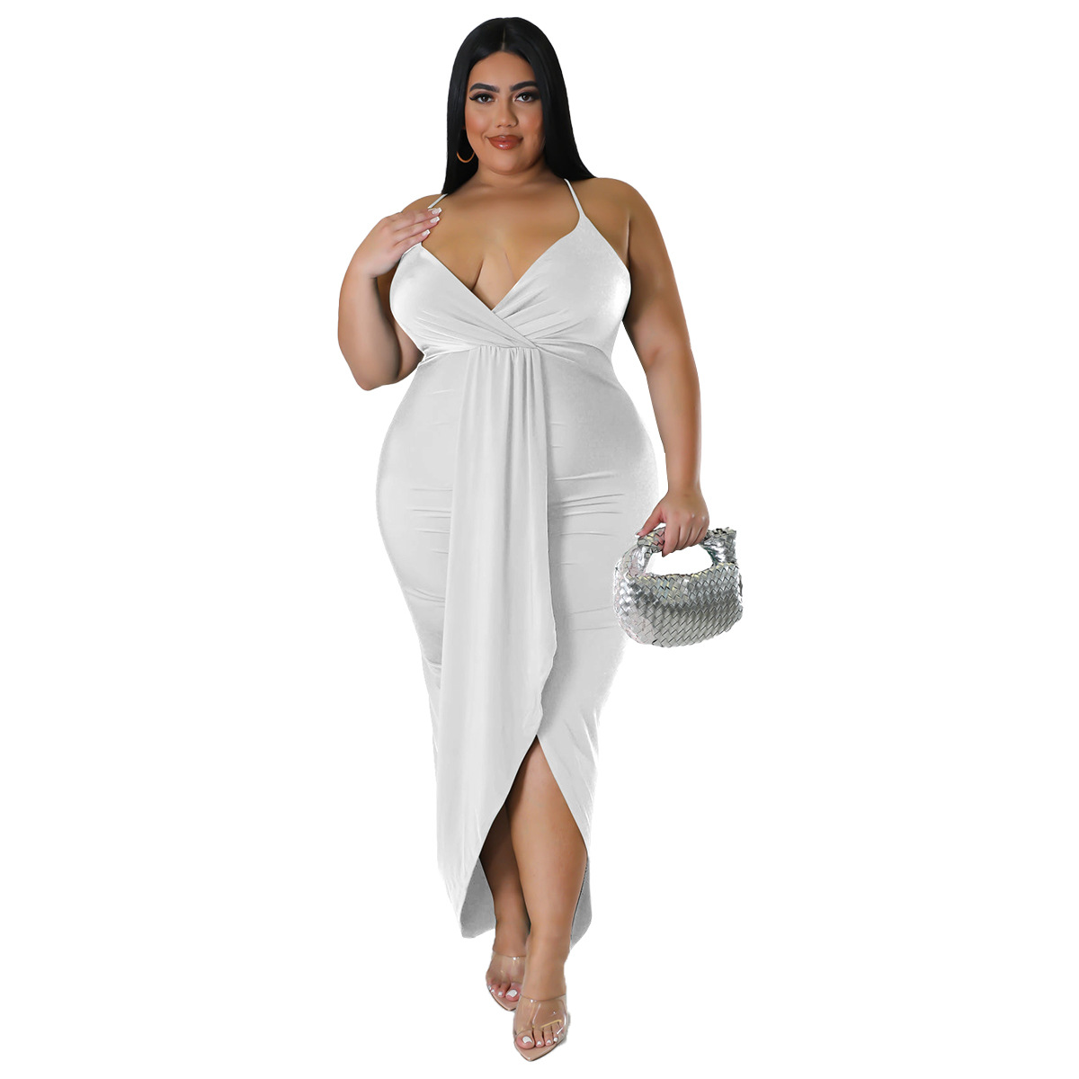 Women Plus Size Dresses Stretch Adjustable Shoulder Strap Sleeveless Sexy V Neck Ruched Midi Dress Wrap Party Cocktail Dress