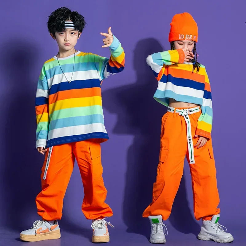Girls Striped Crop Top Cargo Pants Boys Hip Hop Rainbow Tshirt Loose Street Dance Shorts Children Streetwear Kids Jazz Costumes 240510