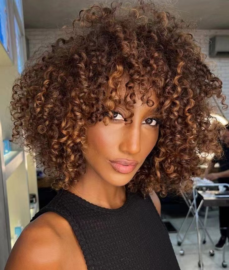 Chick and low maintenance brown balayage kinky curly short human hair wigs with fringe bang lace front refreshing idea for 2024 african american