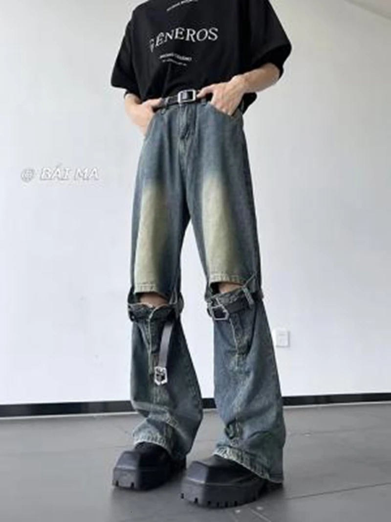 Mens Jeans Vintage Knee Destroyed Ripped Jeans streetwear Slim fit Pants beggar Hole Hip Hop denim trousers Men y2k jeans 240429