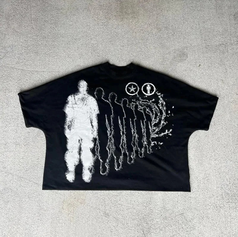 American Gothic trend pattern letter printing oversized short-sleeved T-shirt mens Y2k retro loose casual versatile top 240511