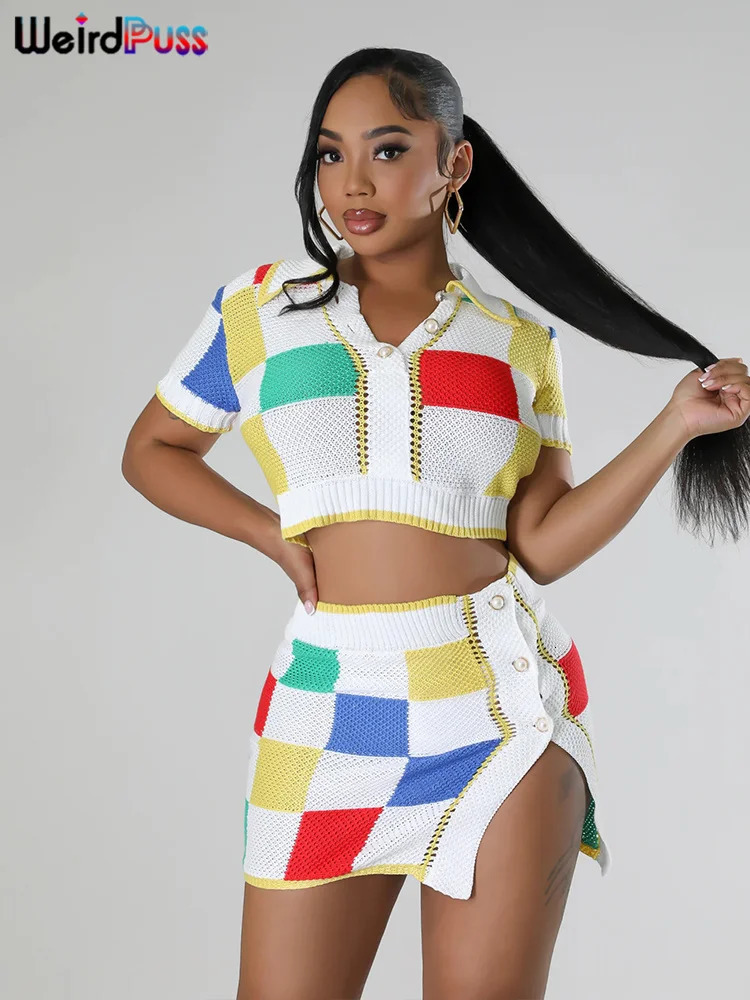 Weird Puss Knit Women 2 Piece Set Colorful Diamond Button Shorts Sleeve Polo Neck Crop TopsIrregular Skirts Matching Streetwear 240423