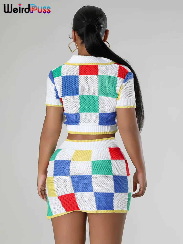 Weird Puss Knit Women 2 Piece Set Colorful Diamond Button Shorts Sleeve Polo Neck Crop TopsIrregular Skirts Matching Streetwear 240423