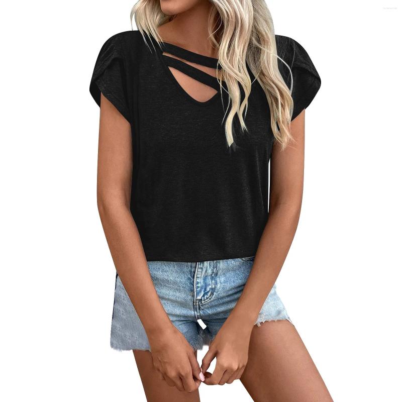 Womens T Shirts Spring And Summer Solid V-Neck Petal Sleeves Loose T-Shirt Top Women Fashion Blouse 2024 Shirt For Cloth